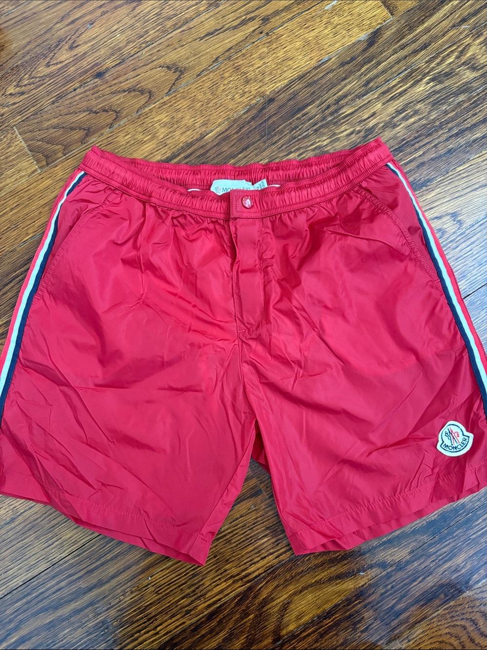 Moncler Red Swim Shorts with Tricolor Side Stripes